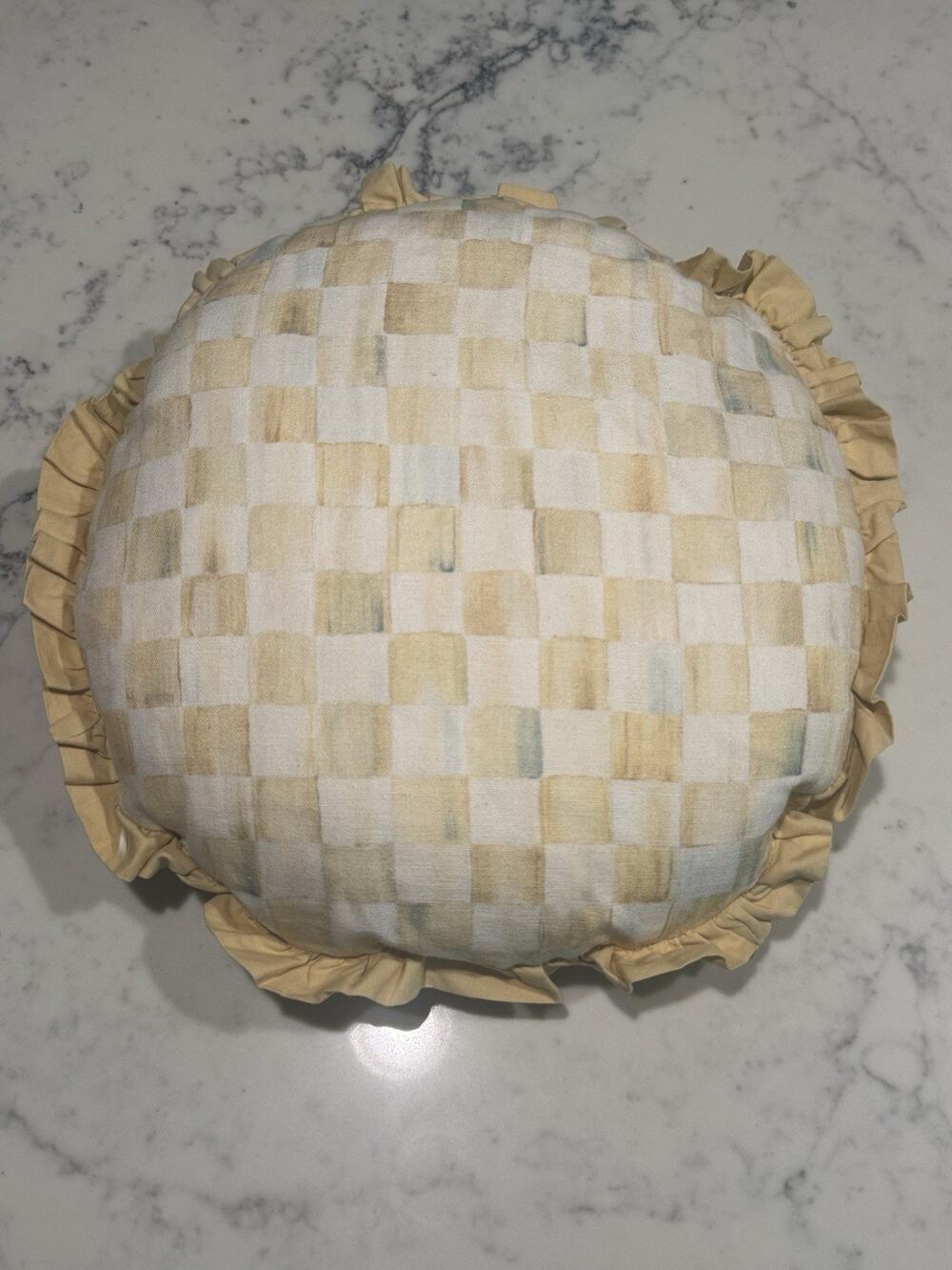 Mackenzie Childs RARE Parchment Check Round Throw Pillow Stripe Ruffle